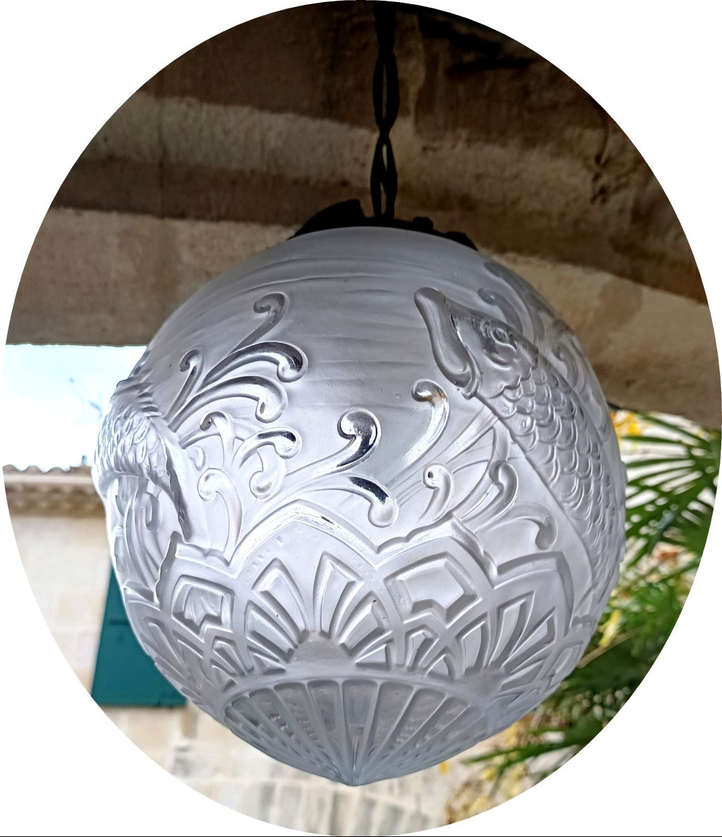 Lustre Boule verre dépoli aux poissons, Lorrain, 1930, Paul Daum et d’Avesn-photo-4
