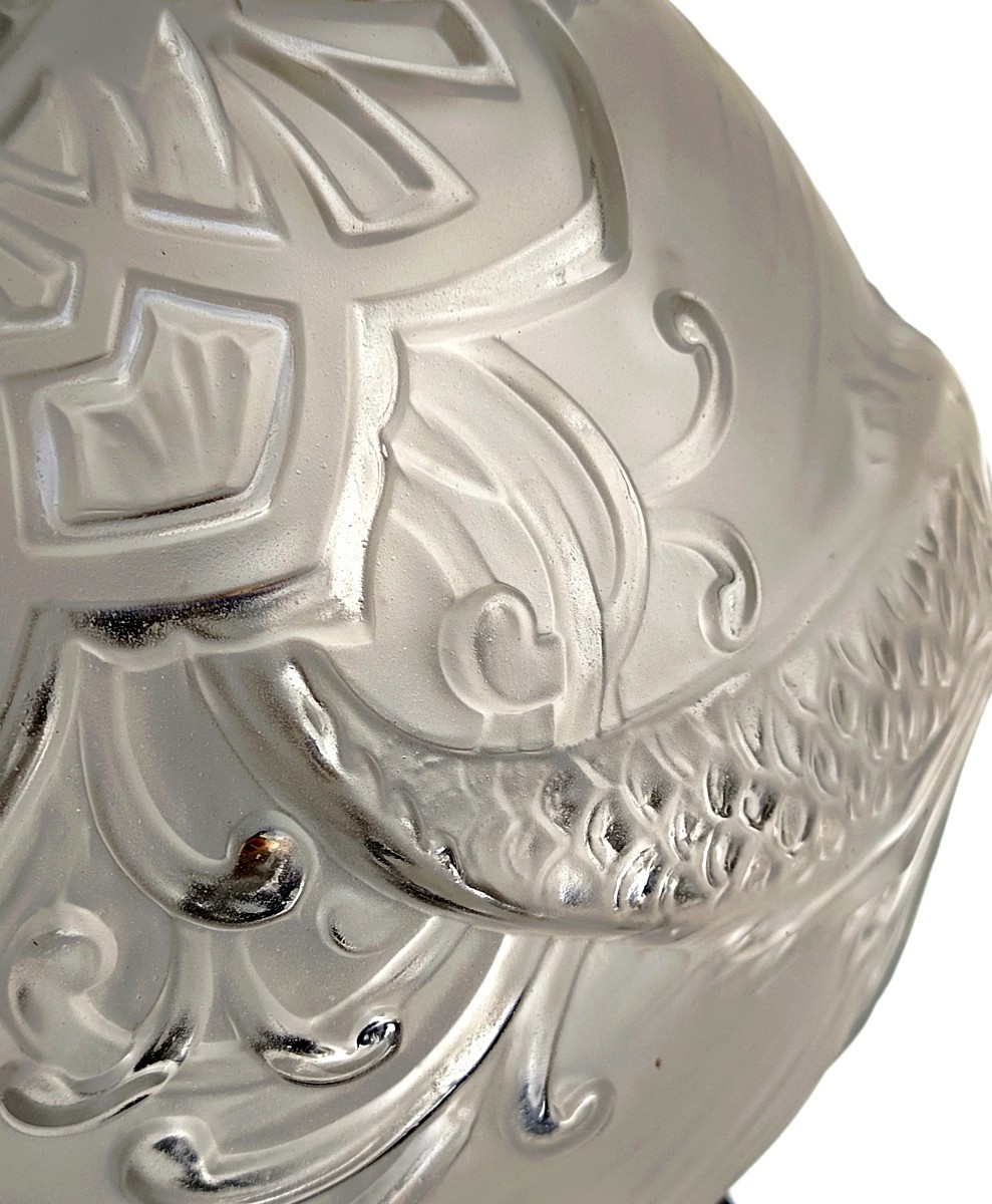 Lustre Boule verre dépoli aux poissons, Lorrain, 1930, Paul Daum et d’Avesn-photo-1