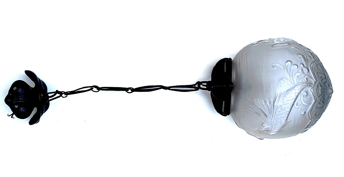 Lustre Boule verre dépoli aux poissons, Lorrain, 1930, Paul Daum et d’Avesn-photo-3