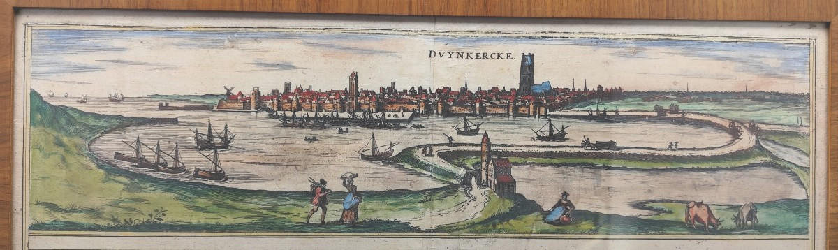 Beautiful 16th-century Engraving Of Dunkirk, Original Coloring, Framed.-photo-2