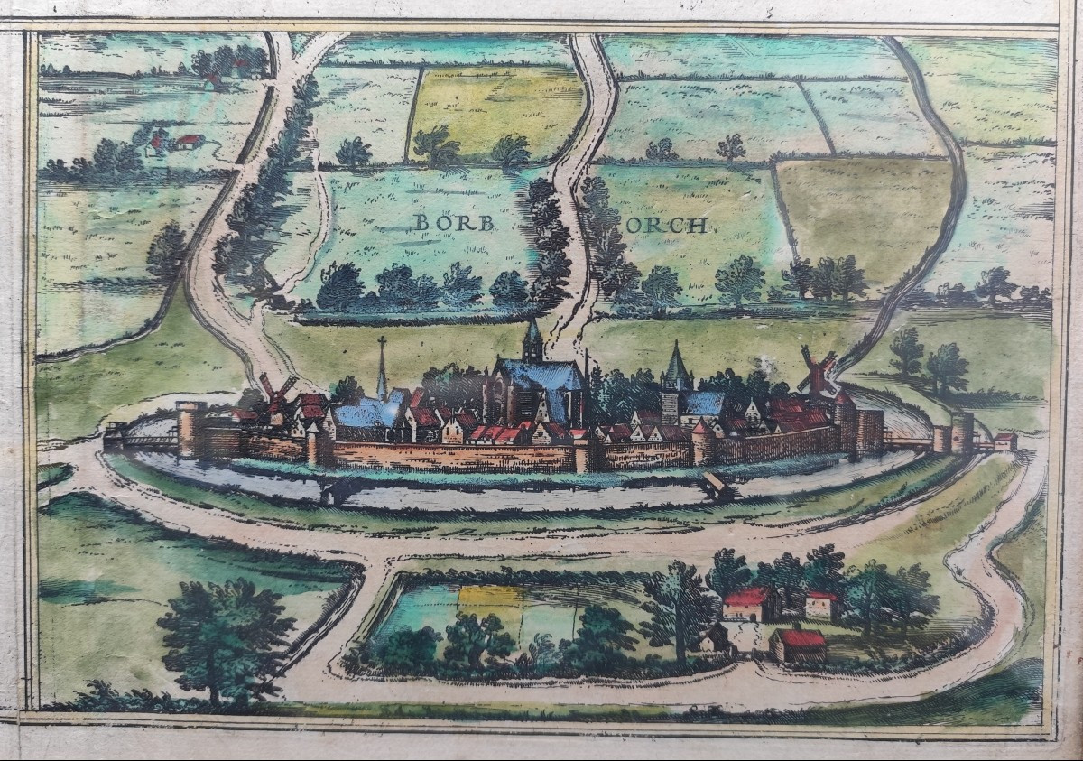 Beautiful 16th-century Engraving Of Dunkirk, Original Coloring, Framed.-photo-4