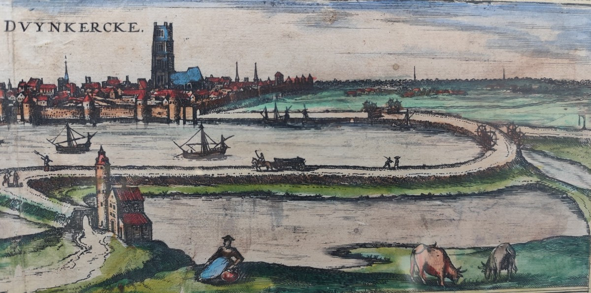 Beautiful 16th-century Engraving Of Dunkirk, Original Coloring, Framed.-photo-1