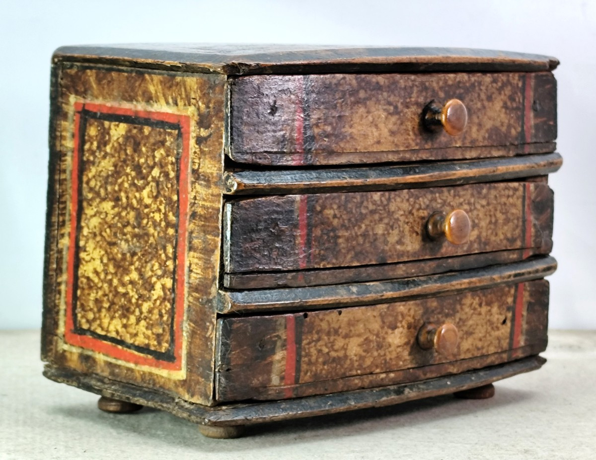 Naïve-style Box With 3 Drawers, Painted Wood, 18th Century, Found Condition