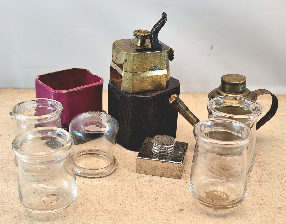 Blown Glass Suction Cups, Automatic Scarifier: Antique Medical Kit-photo-4