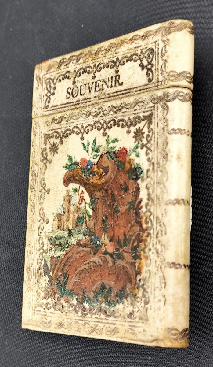 Curieux Carnet de bal en Parchemin, miroir interne, 19e siècle-photo-1