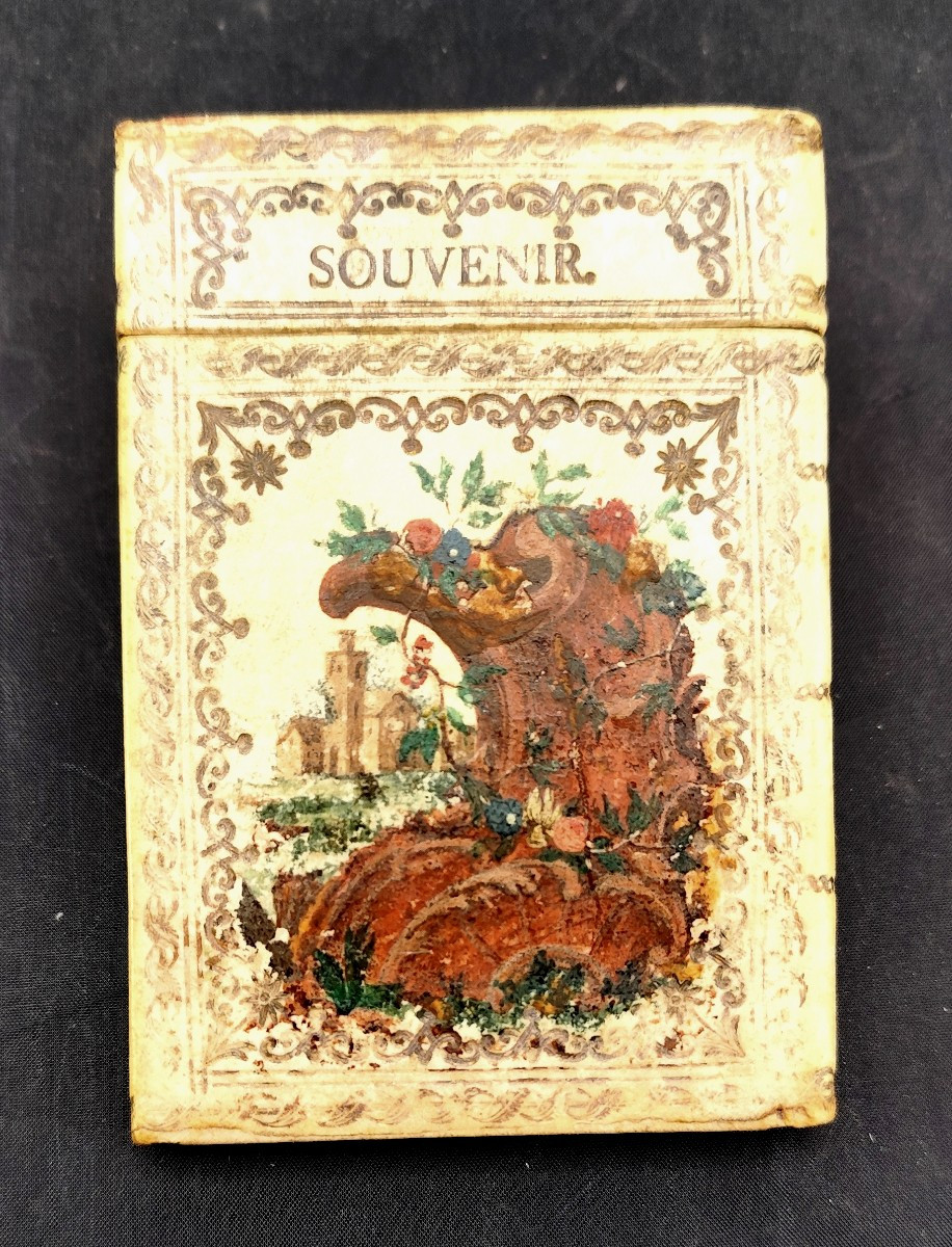 Curieux Carnet de bal en Parchemin, miroir interne, 19e siècle-photo-2