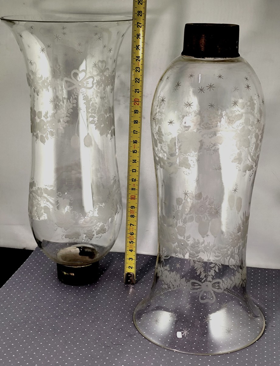  Rare Pair Of Glass Candle Holders, Blown And Engraved Crystal, Late 19th Century-photo-2