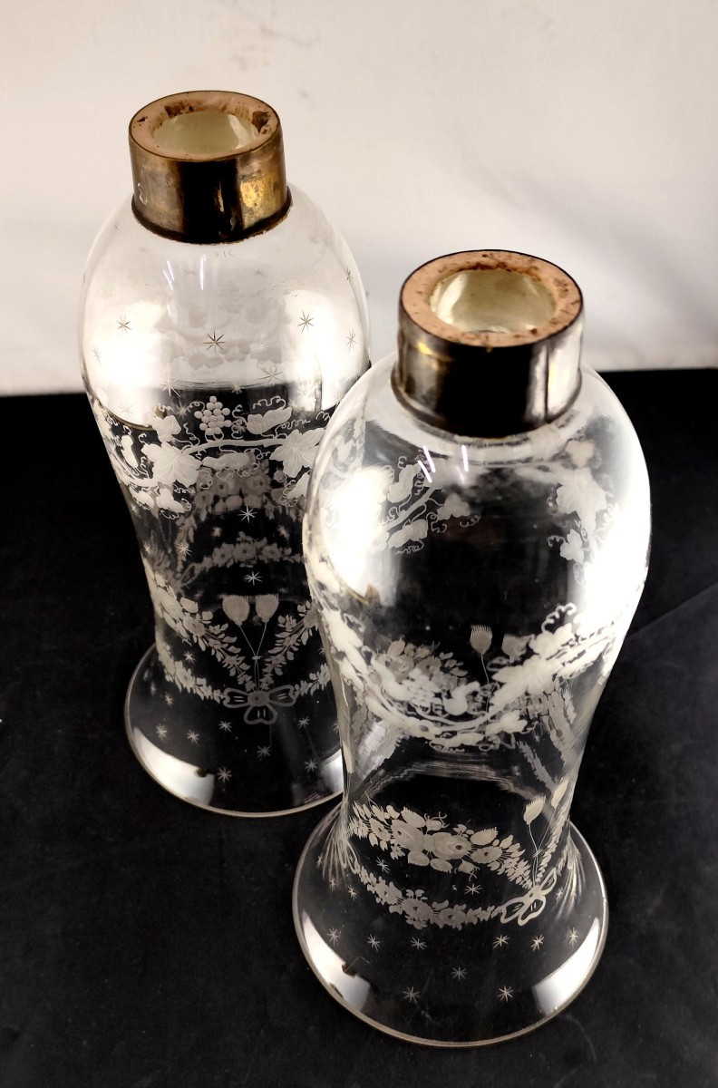  Rare Pair Of Glass Candle Holders, Blown And Engraved Crystal, Late 19th Century-photo-3