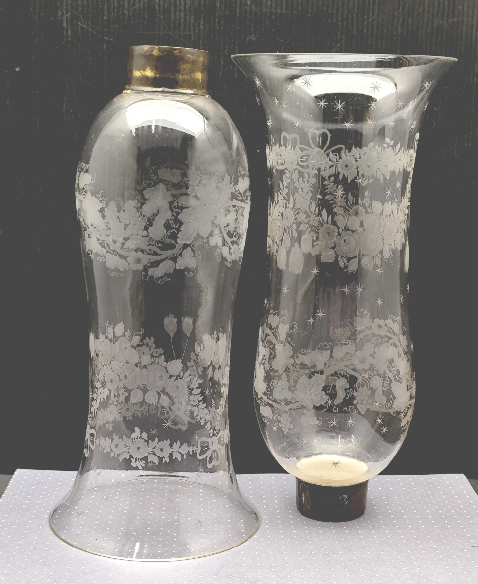  Rare Pair Of Glass Candle Holders, Blown And Engraved Crystal, Late 19th Century-photo-2