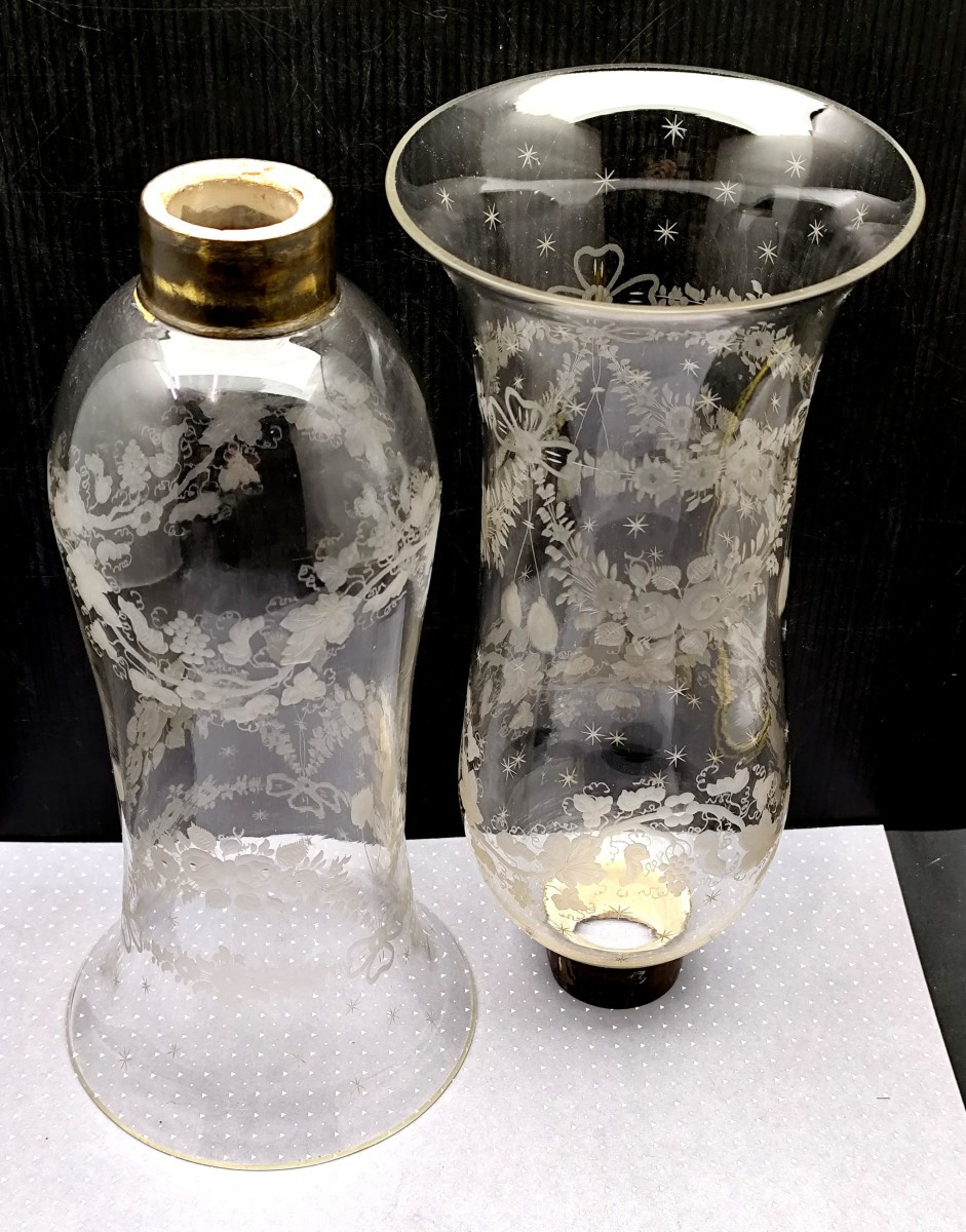  Rare Pair Of Glass Candle Holders, Blown And Engraved Crystal, Late 19th Century