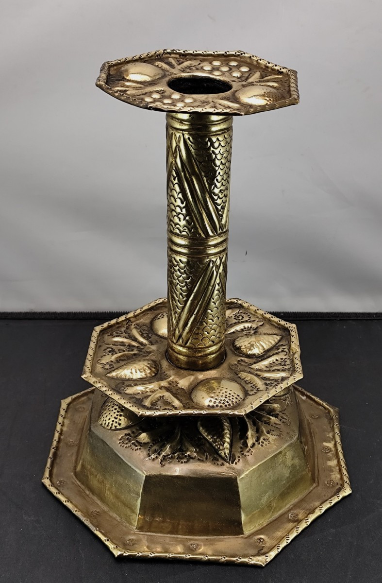 Dutch:  Large Wedding Candlestick, Repoussé Brass, Frisian Islands, 18th/19th Century-photo-4