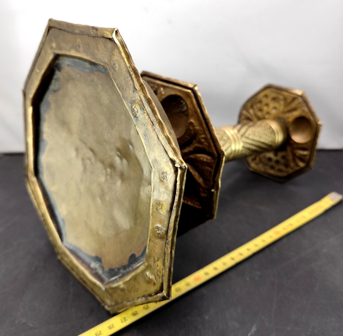 Dutch:  Large Wedding Candlestick, Repoussé Brass, Frisian Islands, 18th/19th Century-photo-1