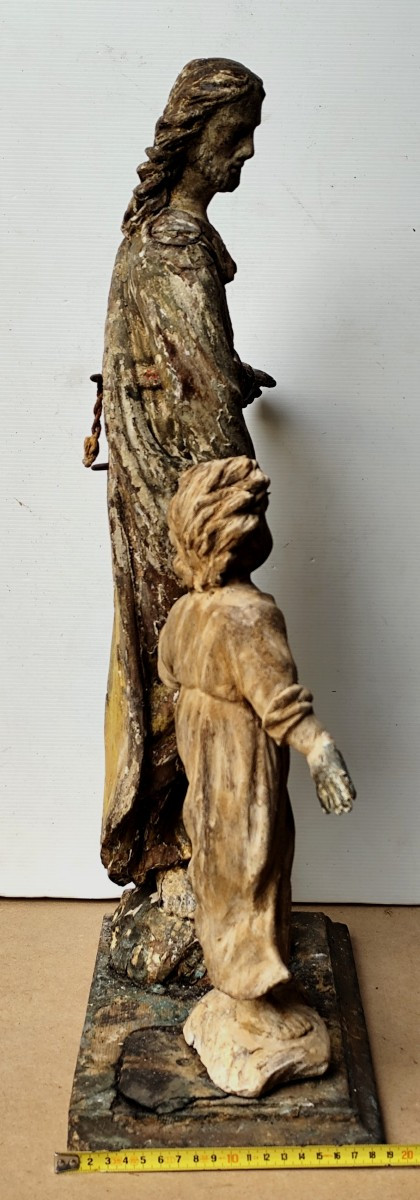 Belle sculpture 17-18e siècle : St Jean l’évangéliste et l’Enfant, état de découverte-photo-4