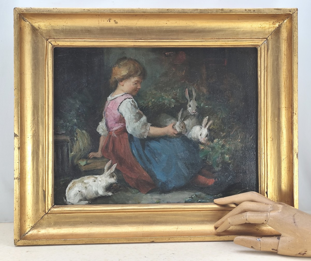 Charming Painting: Little Girl With Rabbits, Oil On Canvas, Signed, Circa 1900-photo-2