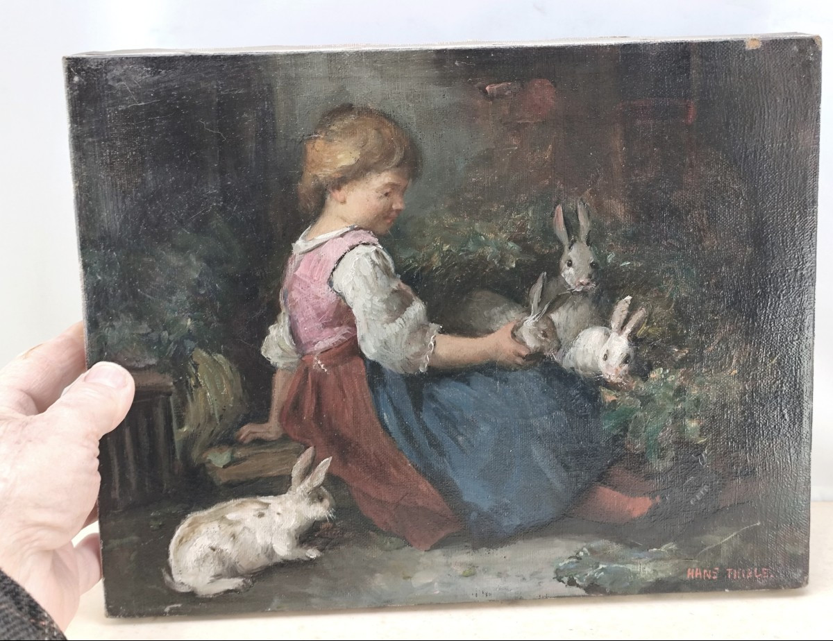 Charming Painting: Little Girl With Rabbits, Oil On Canvas, Signed, Circa 1900-photo-3