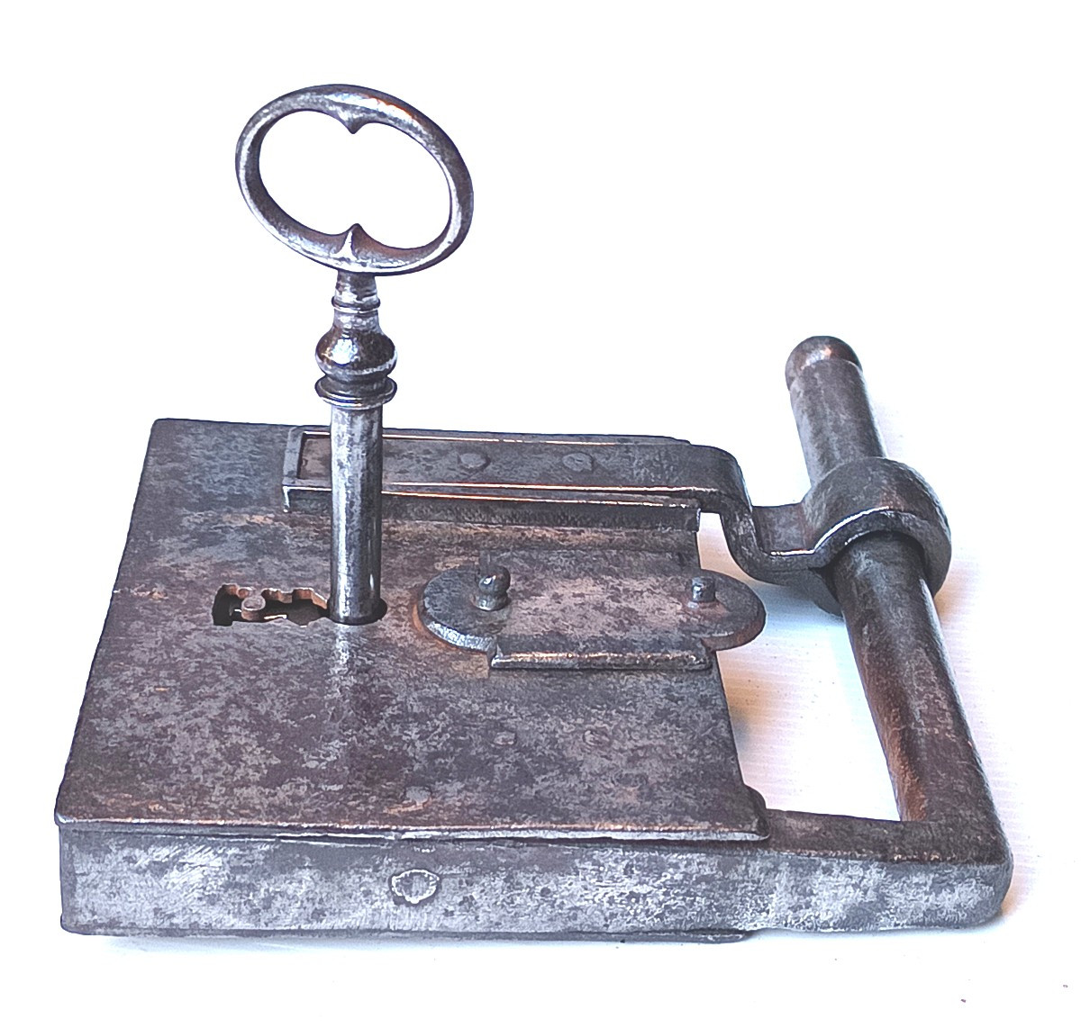 Powerful Square Padlock Vertevelle, 18th  Forged, Beautiful Key, Good Condition-photo-4