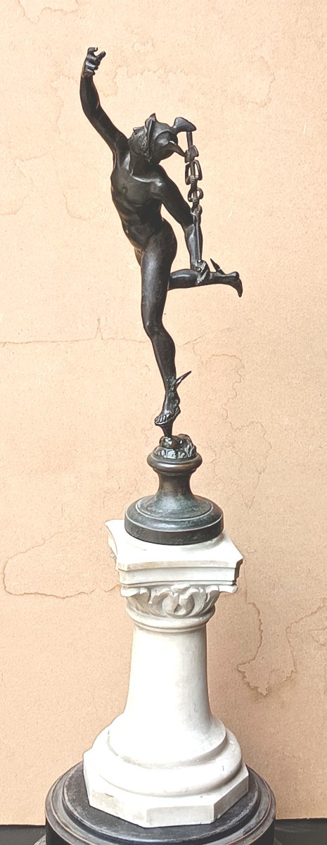 High Bronze Grand Tour, 19th Century, Flying Mercury, Carrara Marble Base, -photo-2