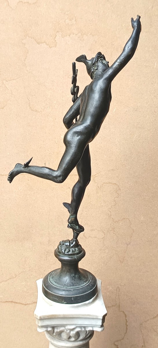 High Bronze Grand Tour, 19th Century, Flying Mercury, Carrara Marble Base, -photo-3