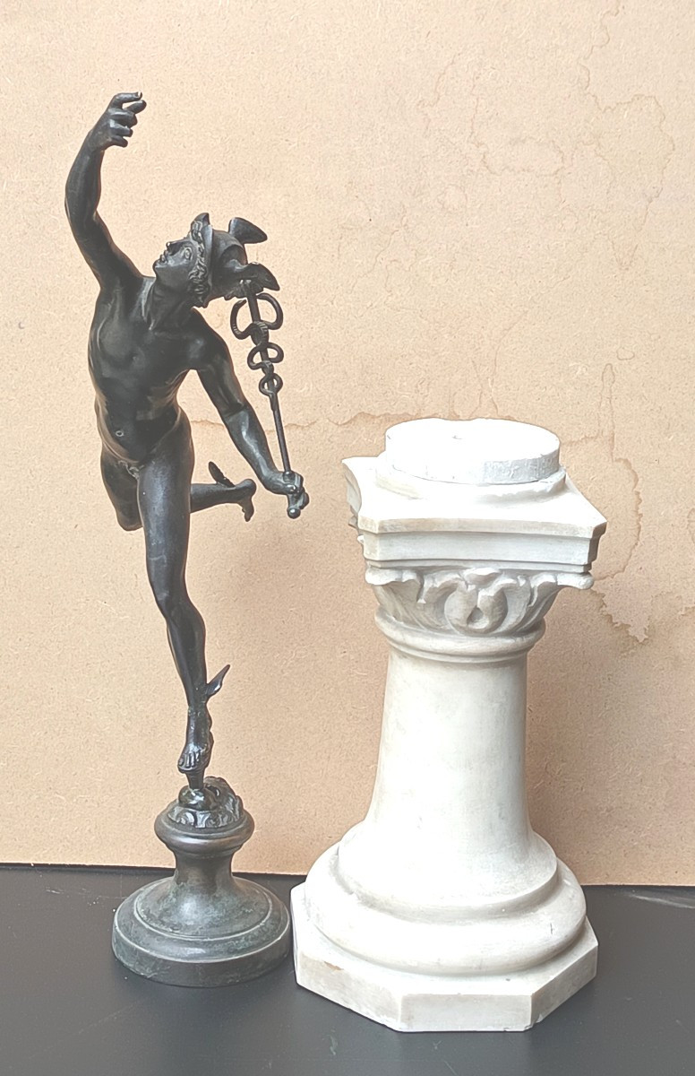 High Bronze Grand Tour, 19th Century, Flying Mercury, Carrara Marble Base, -photo-4