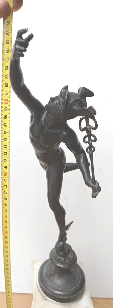 High Bronze Grand Tour, 19th Century, Flying Mercury, Carrara Marble Base, -photo-7