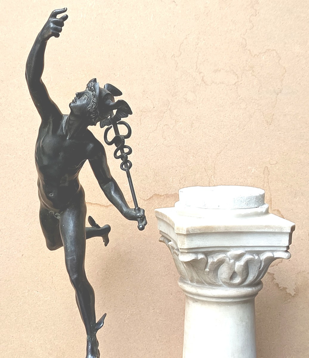 High Bronze Grand Tour, 19th Century, Flying Mercury, Carrara Marble Base, 