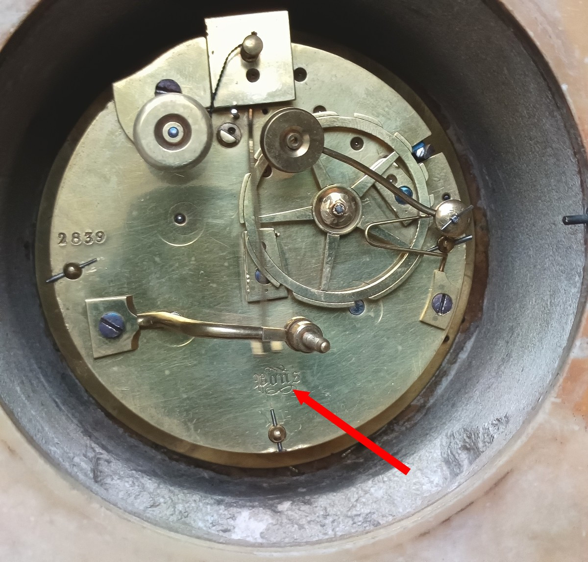 Pendule Borne Marbre de Sienne, Premier Empire ou 1820,  Horloger Pons, Paris-photo-5