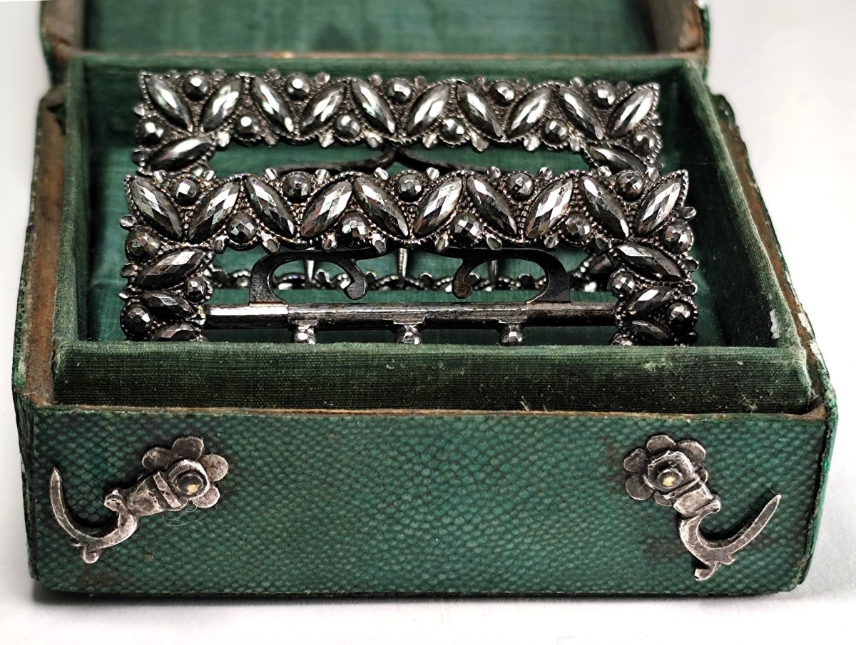 Beautiful Green And Silver Shagreen Case, And Diamond-studded Iron Shoe Buckles