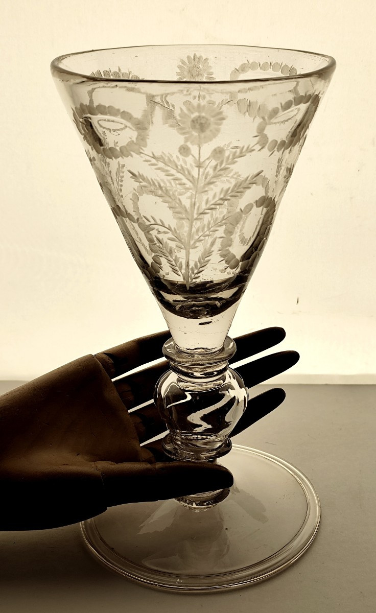 Grand calice verre soufflé populaire, 18e siècle, 20cm, gravure botanique-photo-2