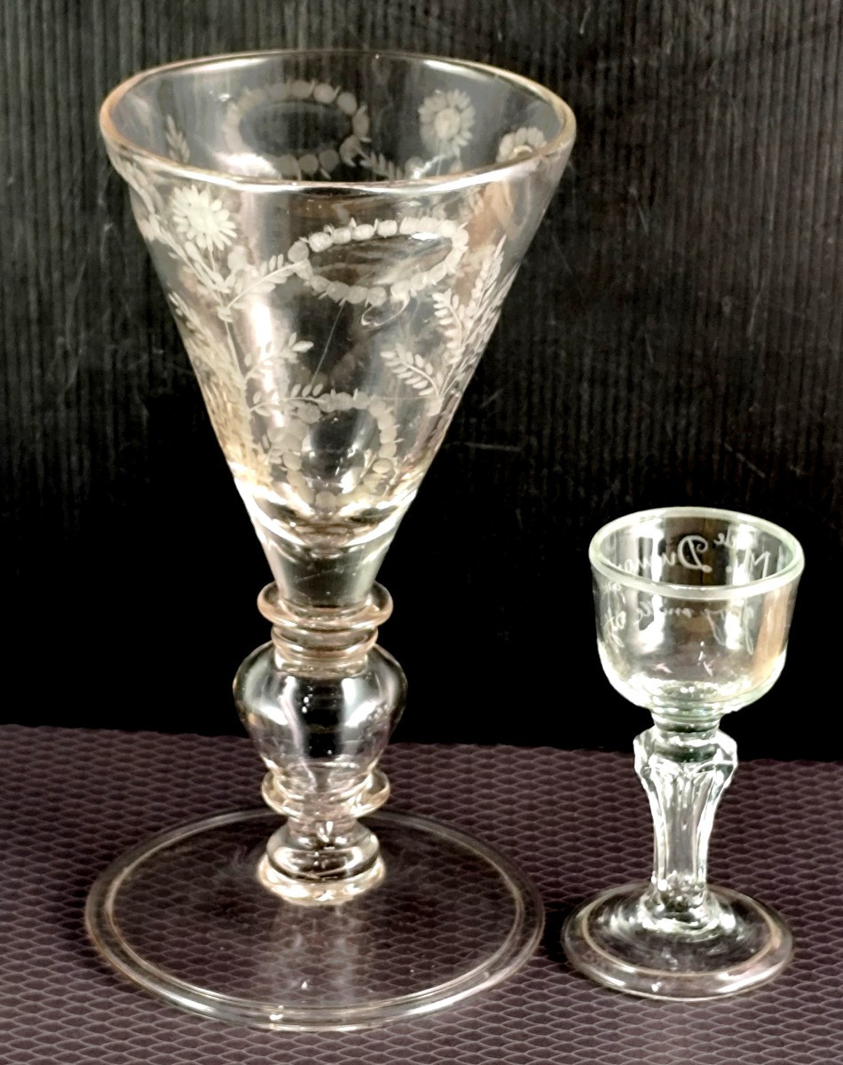 Grand calice verre soufflé populaire, 18e siècle, 20cm, gravure botanique-photo-3