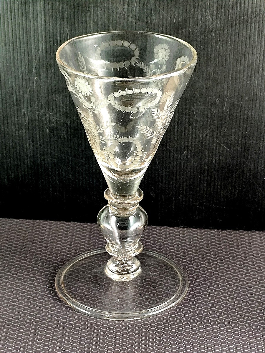 Grand calice verre soufflé populaire, 18e siècle, 20cm, gravure botanique