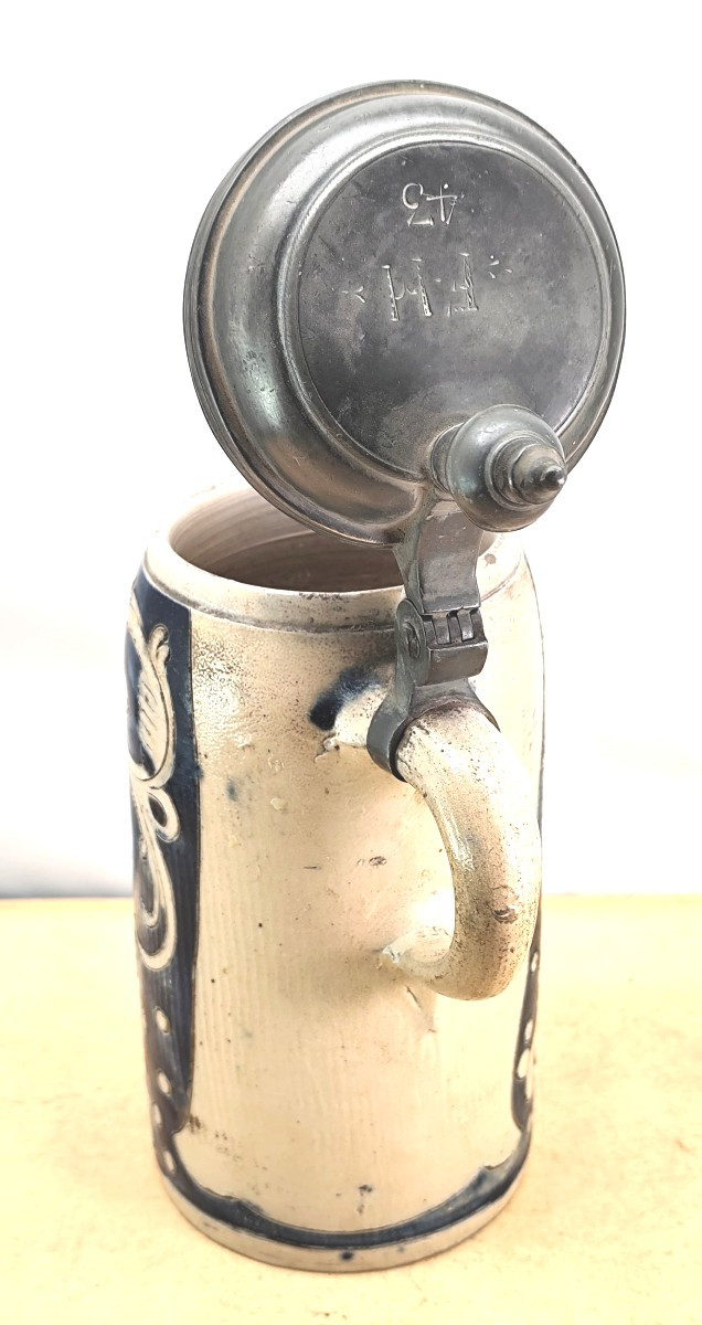 Westerwald, Beautiful Large Covered Tankard, Salt-glazed Stoneware, 18th Century, Good Condition-photo-3