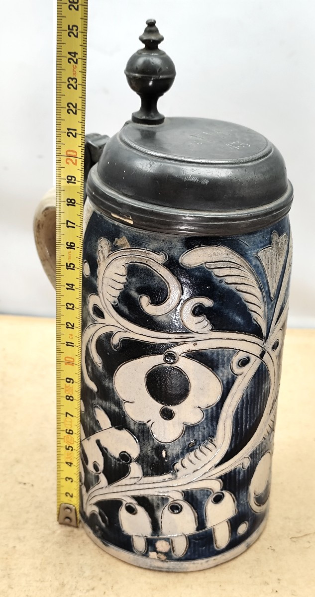 Westerwald, Beautiful Large Covered Tankard, Salt-glazed Stoneware, 18th Century, Good Condition-photo-4
