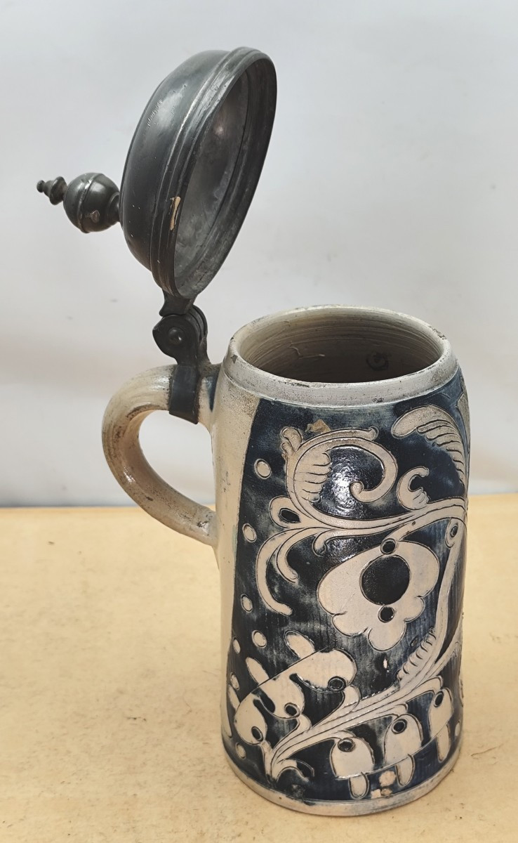Westerwald, Beautiful Large Covered Tankard, Salt-glazed Stoneware, 18th Century, Good Condition-photo-5
