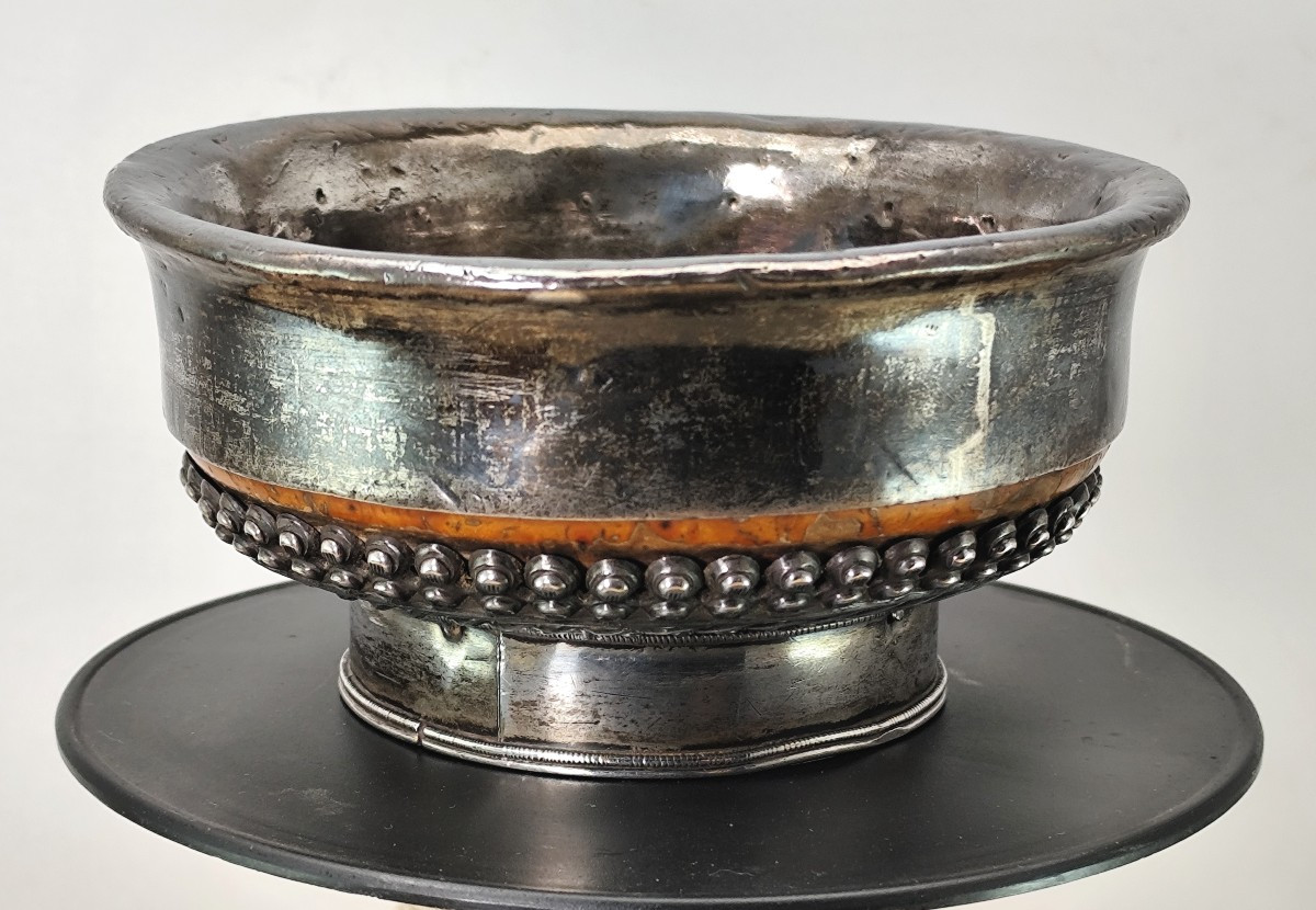 Précieux bol à Thé au Beurre de yack, bois garni d’argent Tibétain-photo-2