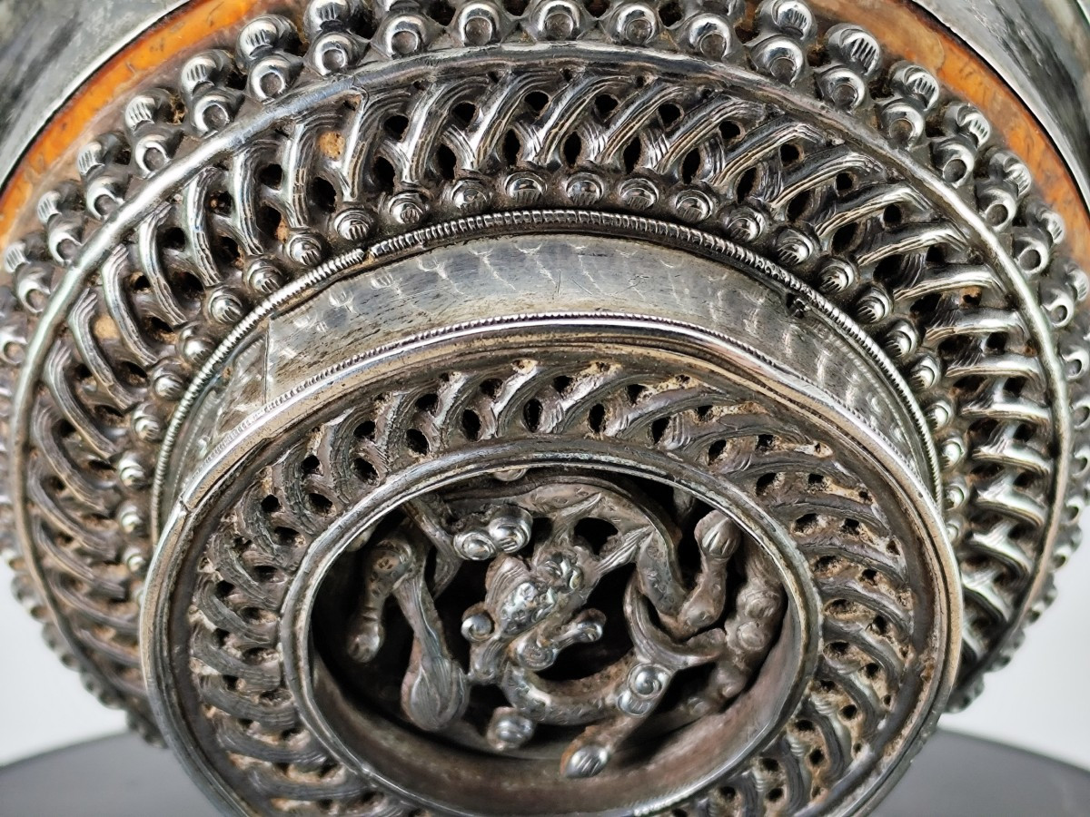 Précieux bol à Thé au Beurre de yack, bois garni d’argent Tibétain-photo-5