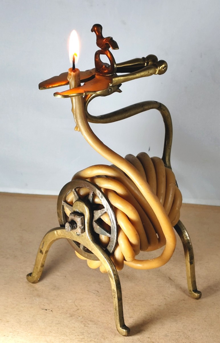 Etonnant Porte-cire bronze, oiseau et serpent, rat de cave 19e siècle-photo-3