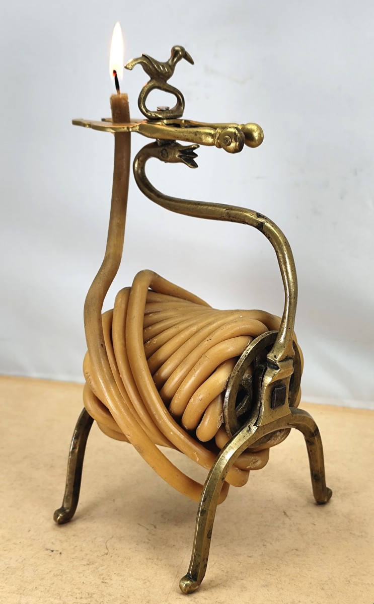 Etonnant Porte-cire bronze, oiseau et serpent, rat de cave 19e siècle-photo-4