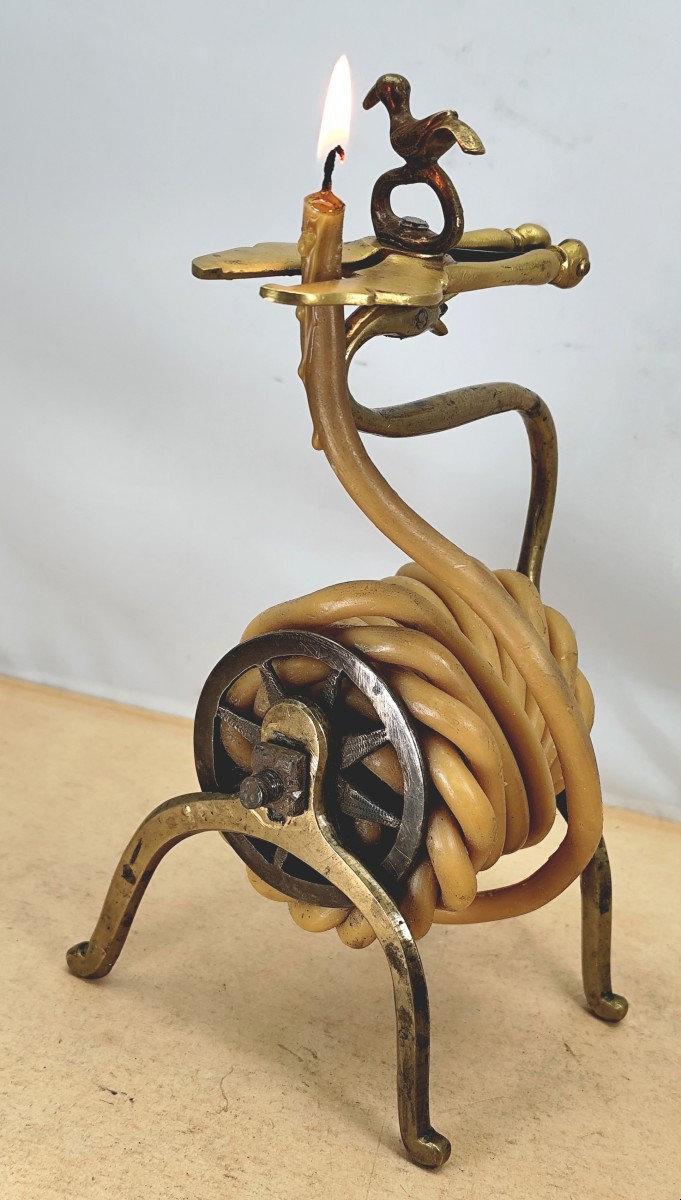 Etonnant Porte-cire bronze, oiseau et serpent, rat de cave 19e siècle-photo-2