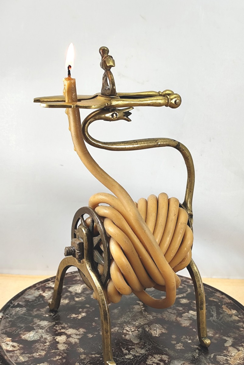 Etonnant Porte-cire bronze, oiseau et serpent, rat de cave 19e siècle