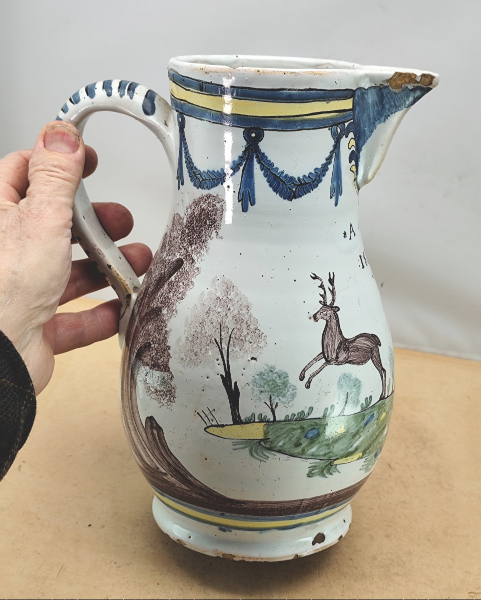 Large Hunting Pitcher, 1811, Nevers Popular, Beautiful Earthenware-photo-3