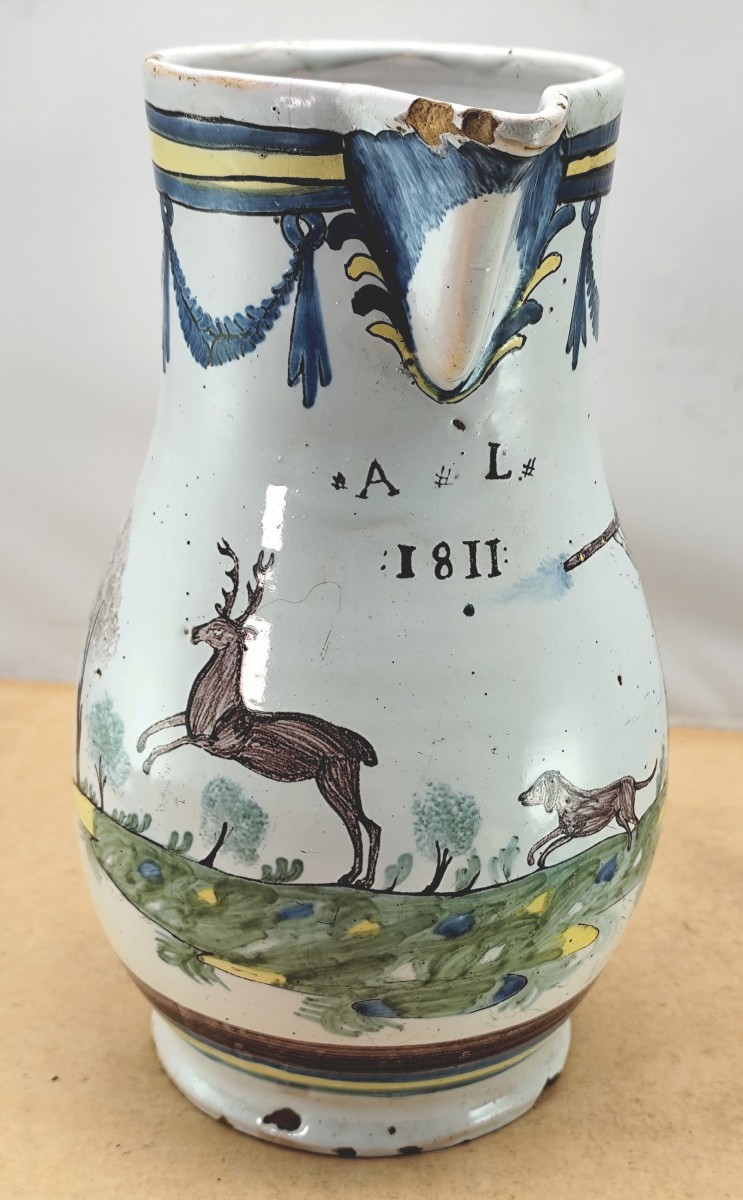 Large Hunting Pitcher, 1811, Nevers Popular, Beautiful Earthenware-photo-1