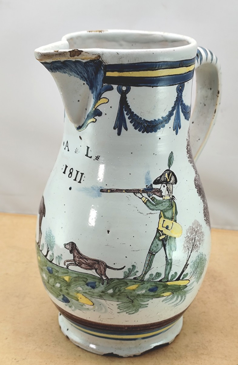 Large Hunting Pitcher, 1811, Nevers Popular, Beautiful Earthenware-photo-2