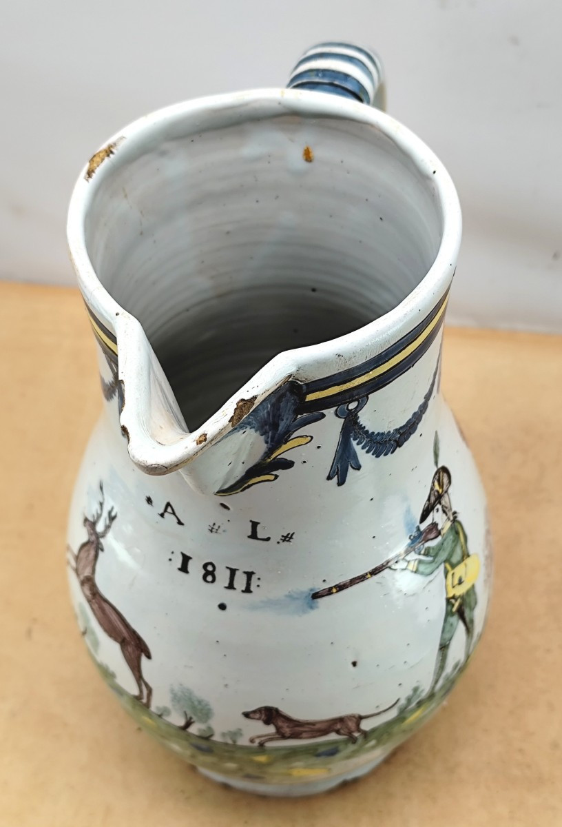 Large Hunting Pitcher, 1811, Nevers Popular, Beautiful Earthenware-photo-4