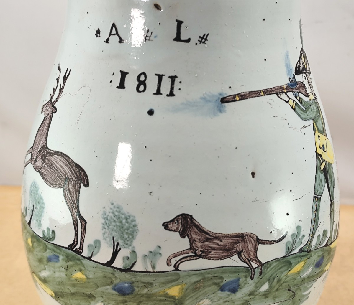 Large Hunting Pitcher, 1811, Nevers Popular, Beautiful Earthenware