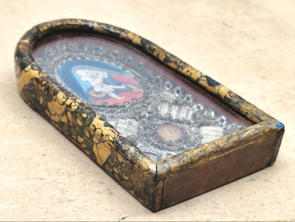 jolie Vitrine reliquaire, art monastique, la Vierge au voile 18e siècle-photo-2