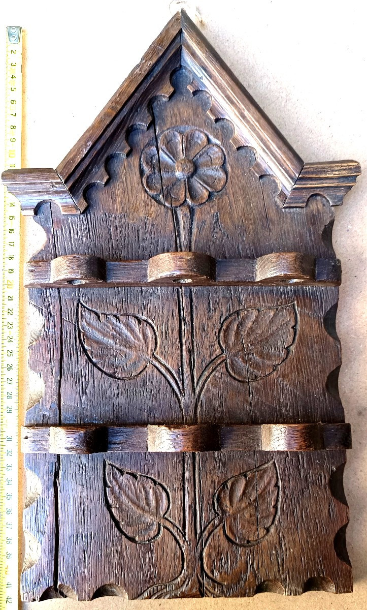Porte cuillers étain, chêne sculpté, Historismus, style 17e siècle-photo-4