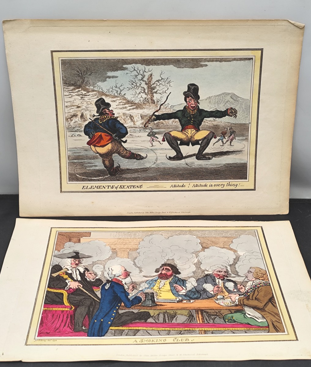 Deux belles caricatures sociales de James Gillray, publiées par Miller et Blackwood, début 19e 