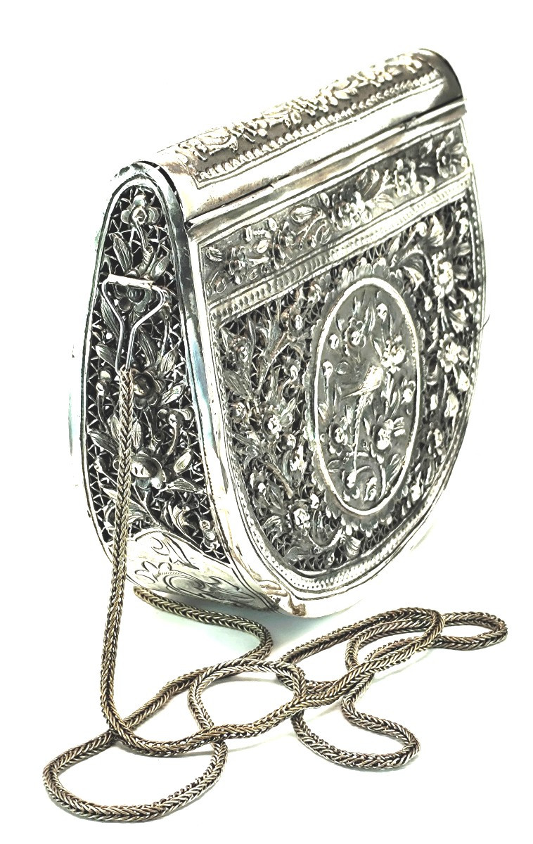 Openwork Evening Bag, Oriental Silver-plated Metal Lace, Circa 1925-photo-2