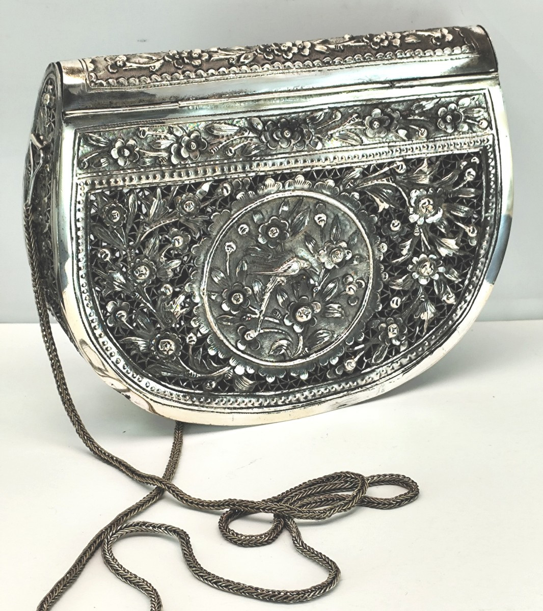 Openwork Evening Bag, Oriental Silver-plated Metal Lace, Circa 1925-photo-3
