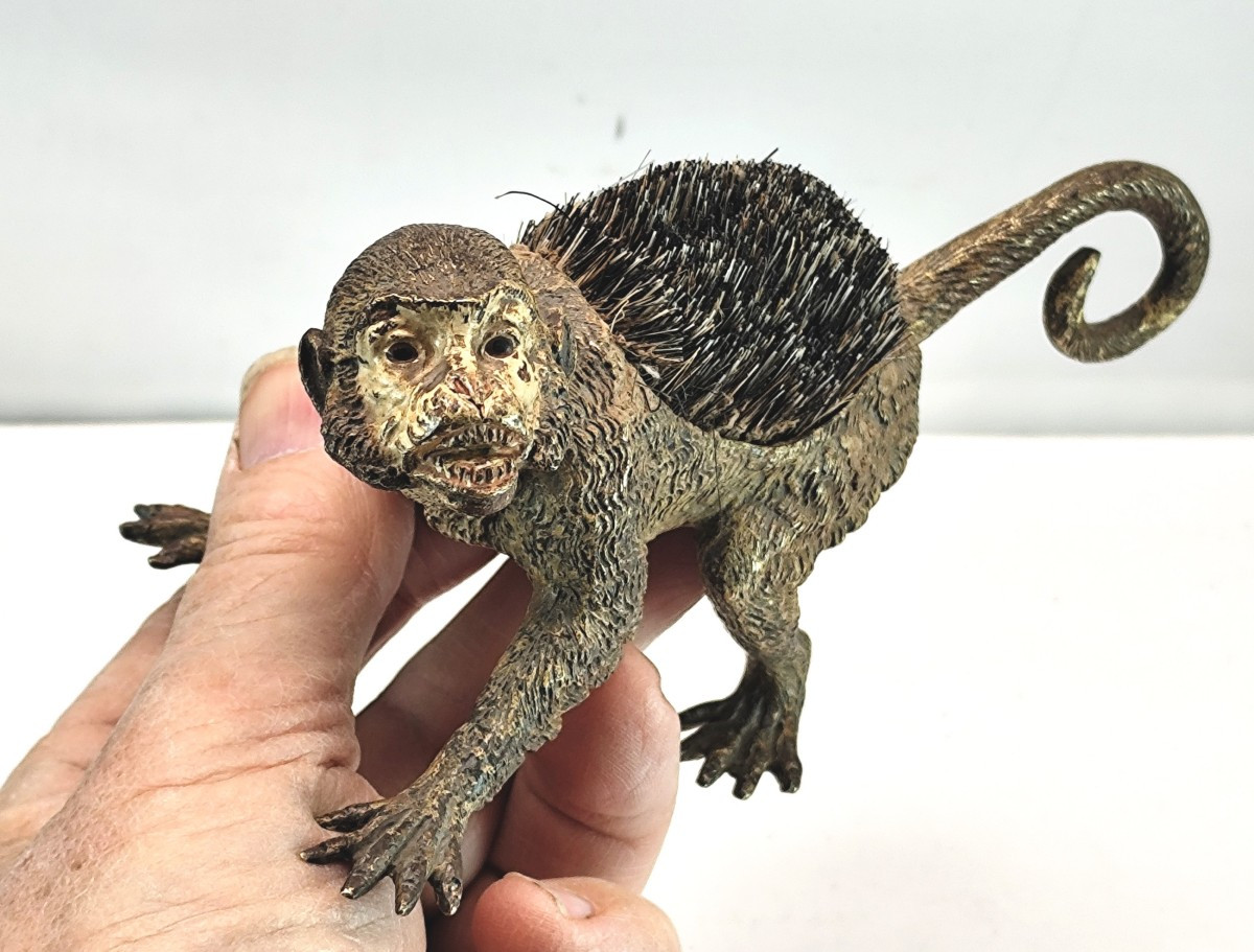 Painted Vienna Bronze Monkey , Marked, 19th Century, Pen Wiper-photo-3